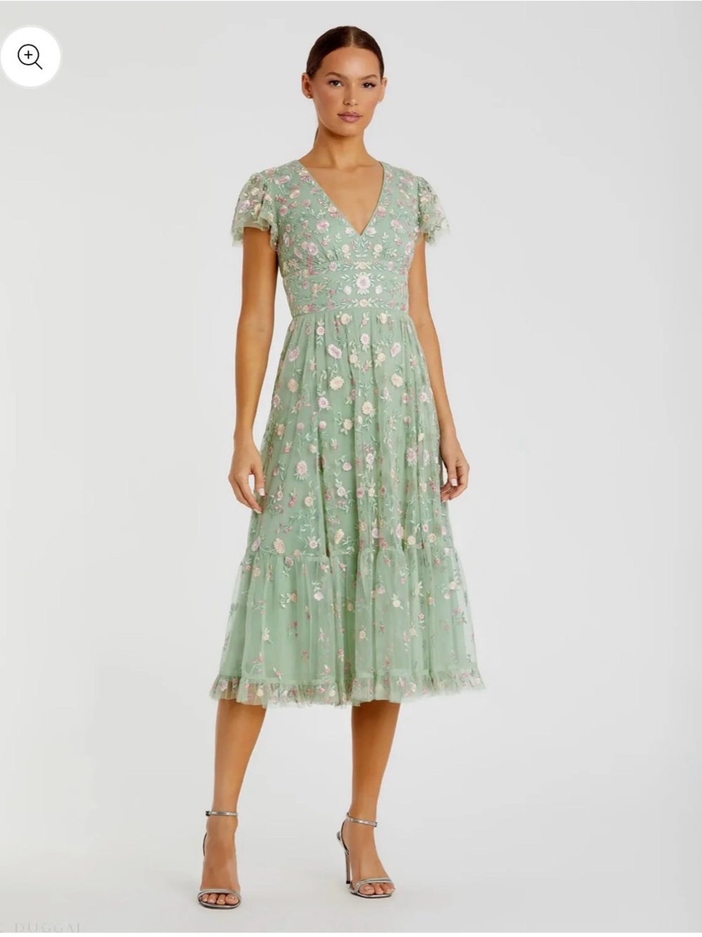 Mac Duggal Sage Green Floral Midi Dress with Pink Embroidery 14
